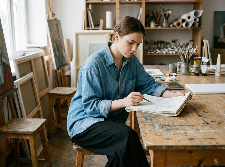 Jeune femme en atelier d'art en train de dessiner