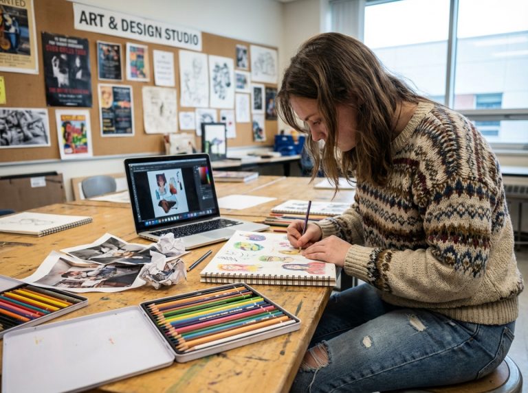 Jeune femme en train de dessiner dans une salle d'art